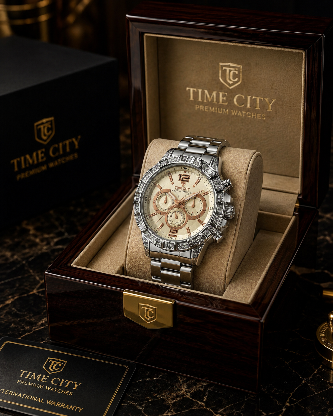 Elevate your style with the Time City Elite Chronograph, a premium men’s watch designed for a bold and sophisticated look